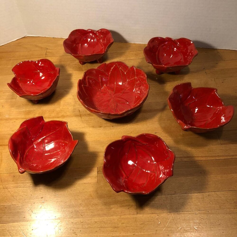 Set of 7 Red Leaf Poinsettia Serving Bowls Ceramic Glazed Holiday Christmas